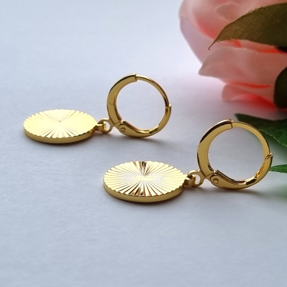 Earrings | Gold Toned | Round, Textured Sunburst | Huggies Hoop Drop Style. 💕 - Picture 16 of 16